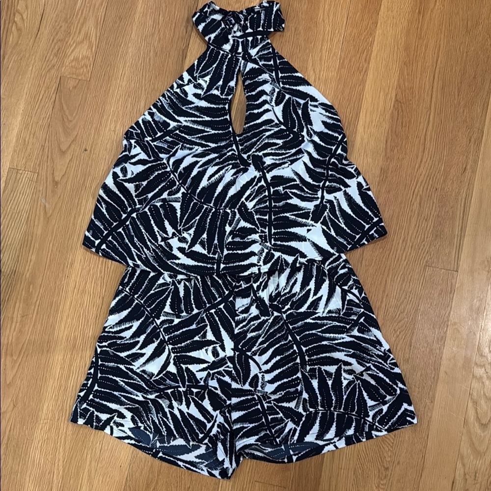 Navy and White Leaf Print Halter Romper